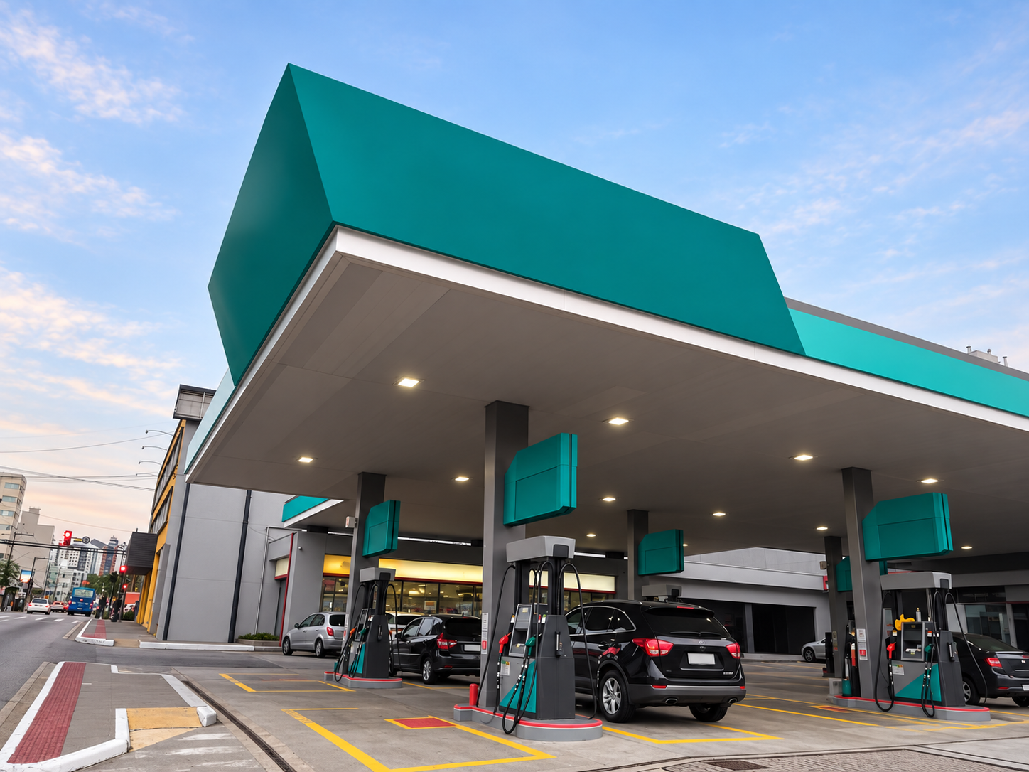 Posto com comunicação visual limpa e fachada sem marcas