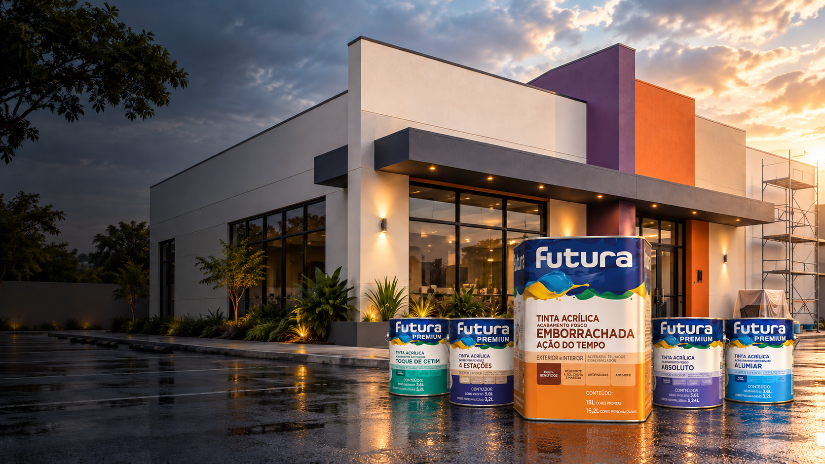 Fachada comercial recém-pintada com a linha Premium e a tinta emborrachada Ação do Tempo da Futura Tintas