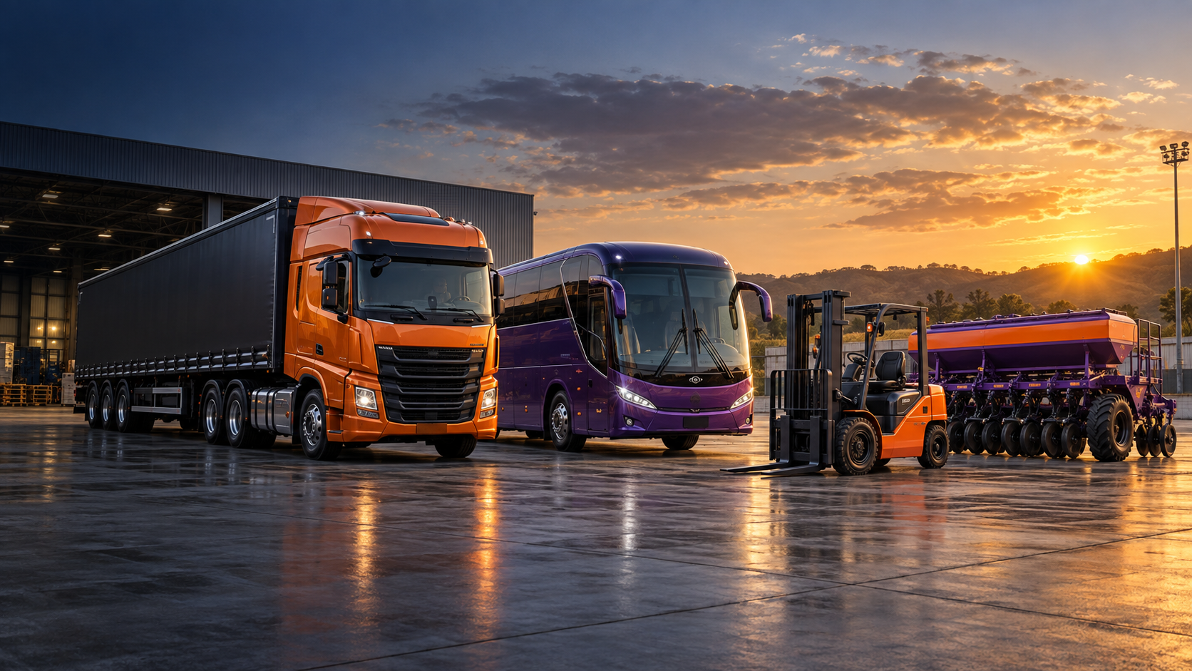 Caminhão, ônibus, empilhadeira e implemento agrícola com pintura renovada
